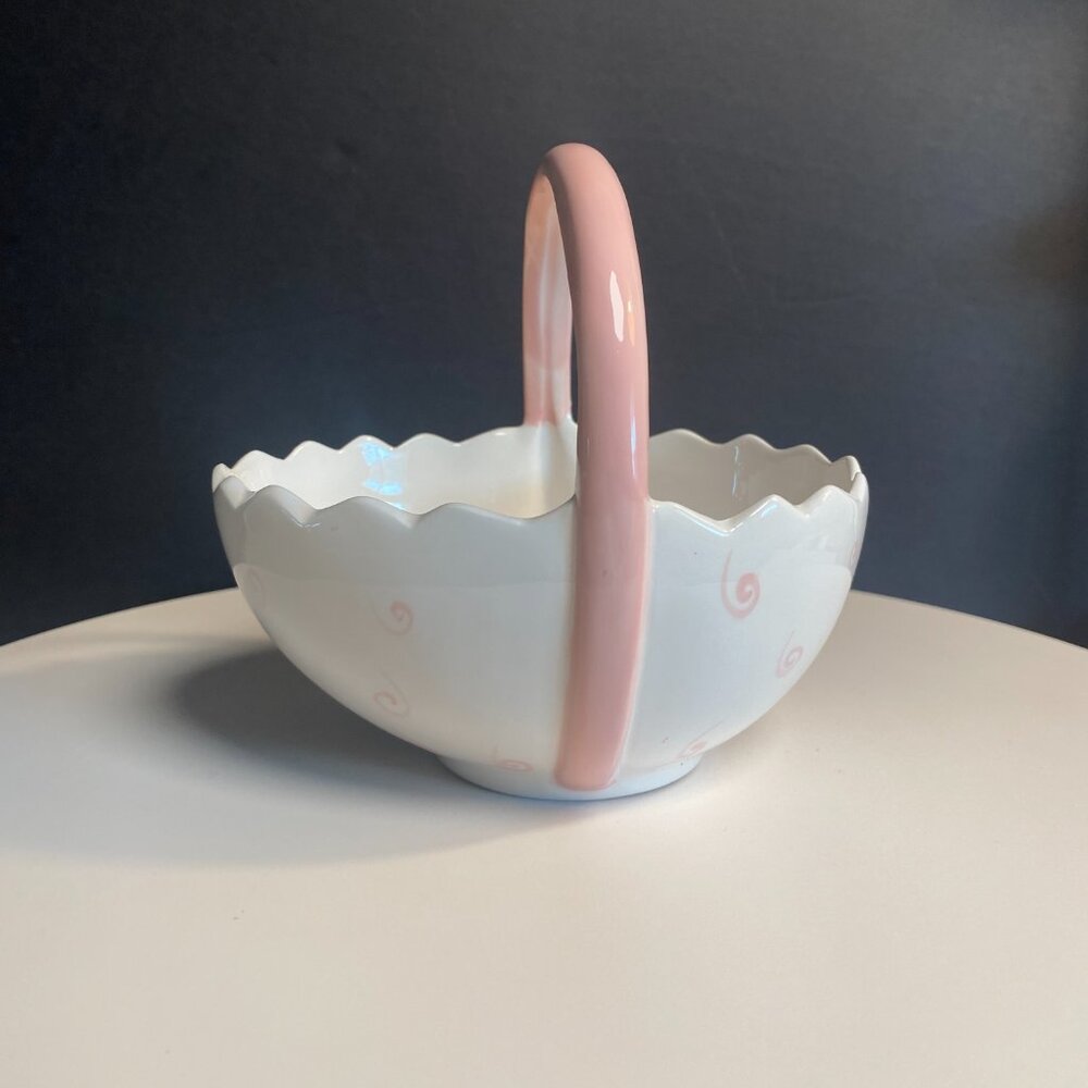 Ceramic Easter Basket White Pink Handle Spring Decor